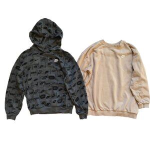 Nike Club Fleece Hoodie Sweatshirt Boys Large YL Gray Tan Crew Neck Lot of 2